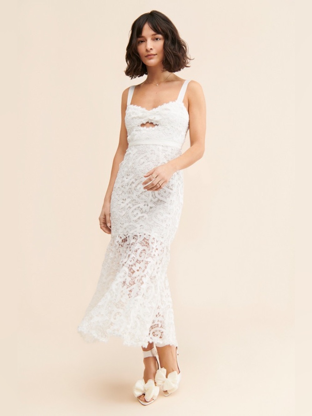 Saylor Leslie Lace Dress White Midi Dress with Square Neckline